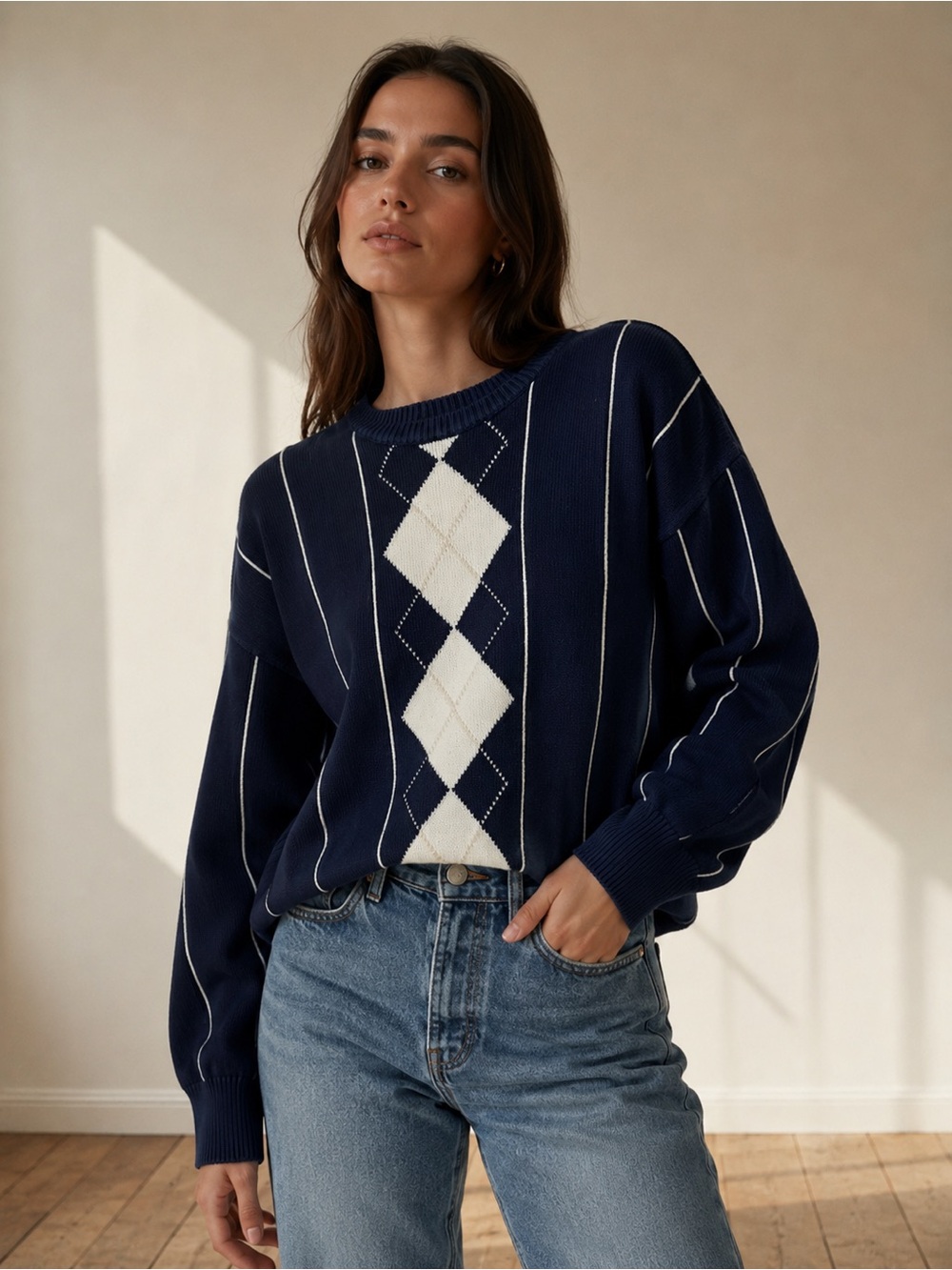 Navy Argyle Stripe Cotton Relaxed Fit Sweater Large - Picture 1 of 4